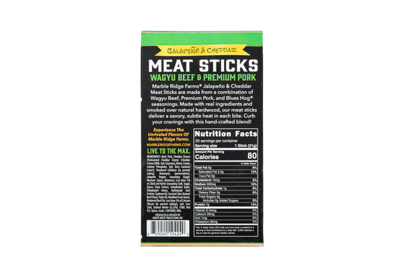 The back panel of a case of Marble Ridge Farms Jalapeno Cheddar Snack Sticks. The panel shows product details, ingredients, and nutrition information.