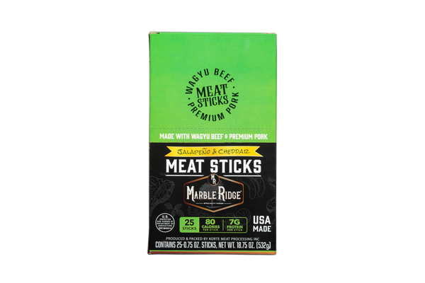 The front panel of case of Marble Ridge Farms Wagyu Jalapeno Cheddar Snack Sticks