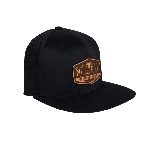 Marble Ridge Leather Logo Flexfit Snapback Flat Bill Hat, Black - Marble Ridge Specialty Farms